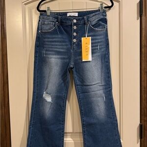 Risen High-Rise Button-Fly Wide Leg Jeans in Medium Blue Wash